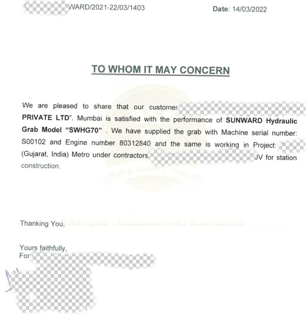 感謝信！山河智能SWHG70液壓抓斗助力海外基礎(chǔ)施工獲肯定